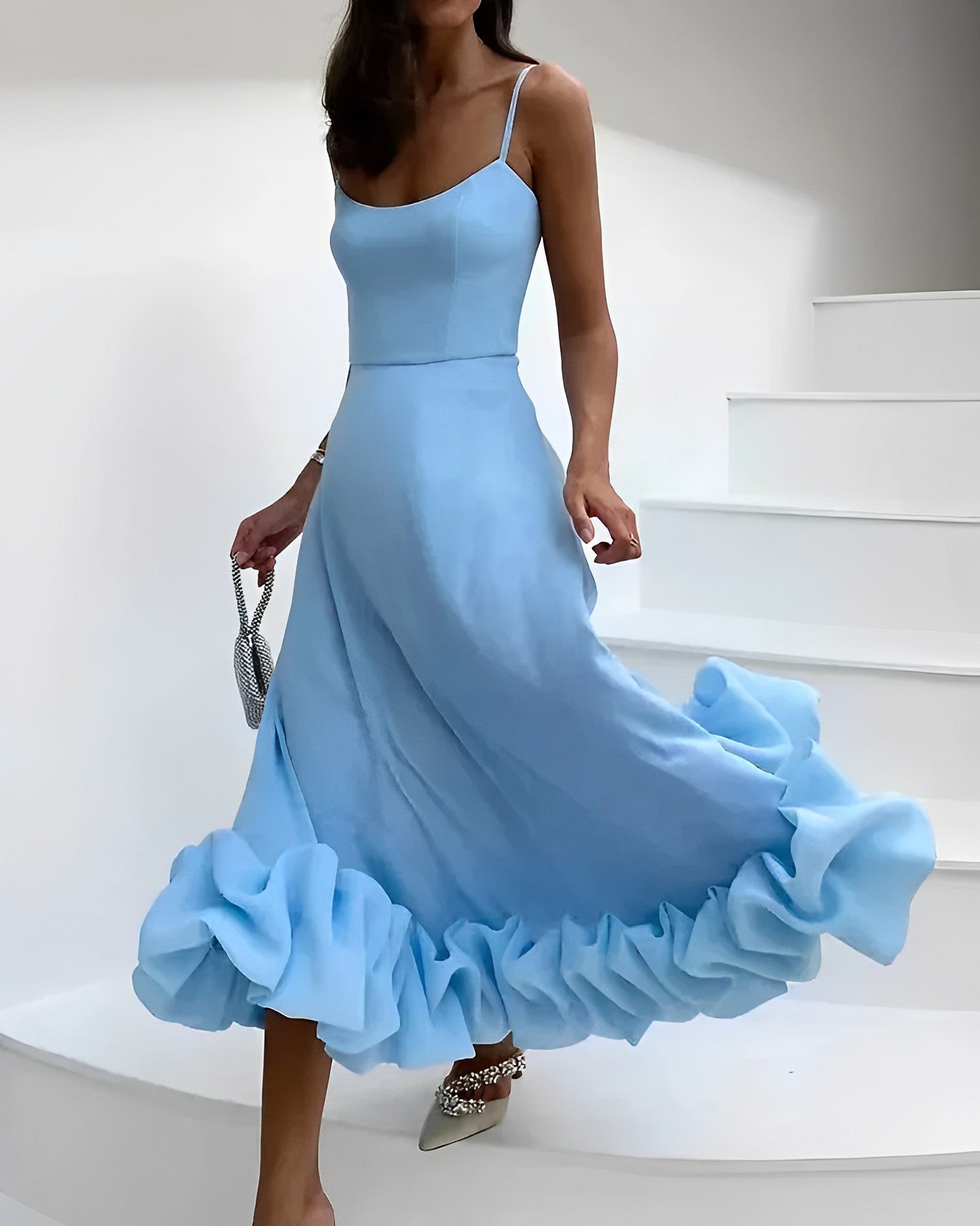 Neda | Elegante Midi cocktailjurk met spaghettibandjes - Slim Fit feestjurk voor vrouwen