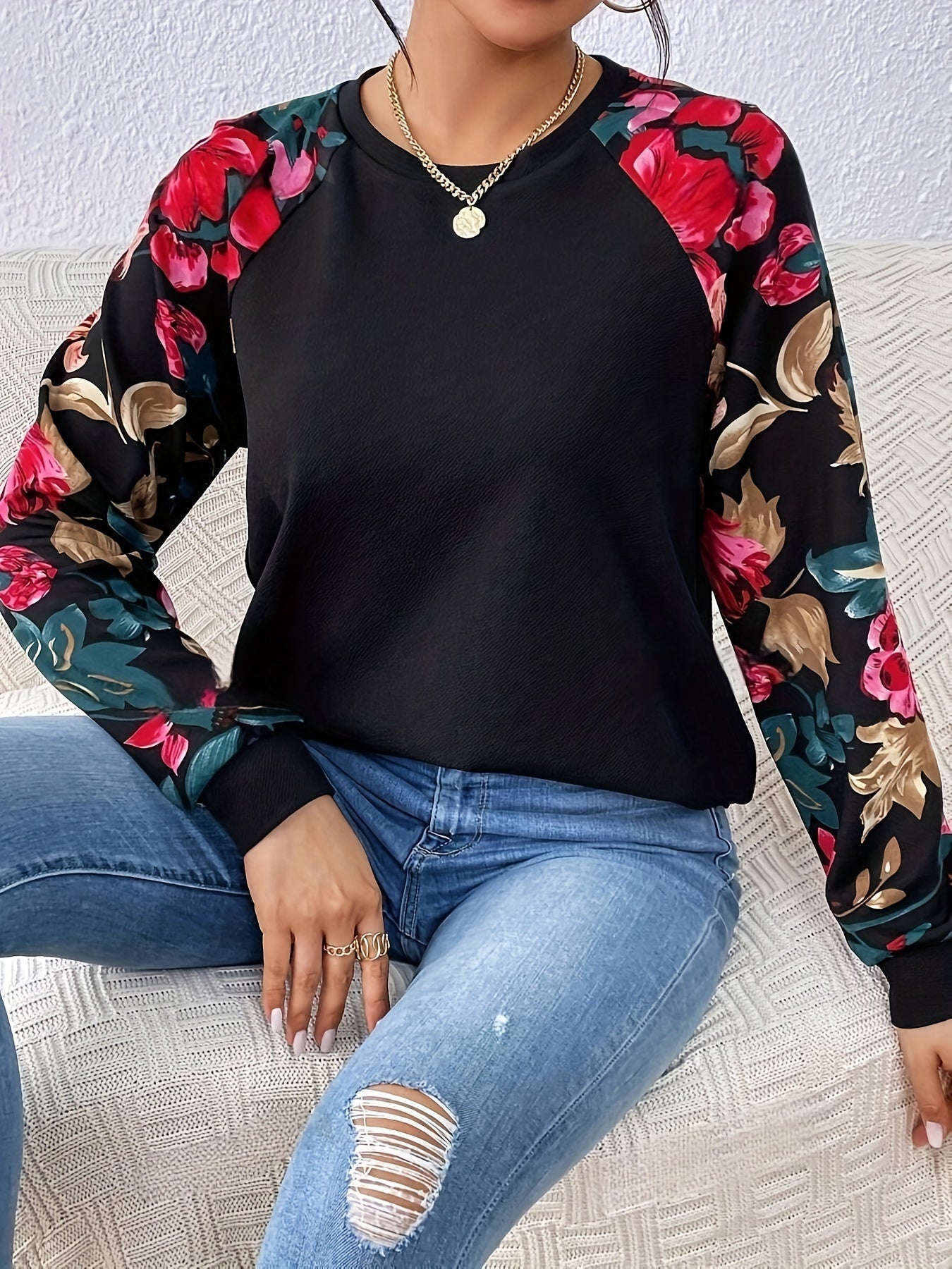 Peonia | Dames sweatshirt met raglanmouwen en elegante bloemenprint – Casual trui met lange mouwen