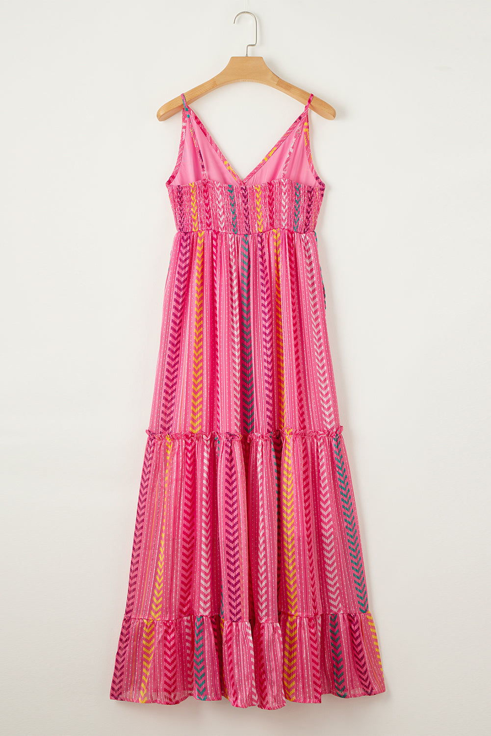 Mevelyn | Boho Western Maxi-jurk voor vrouwen - Roze V-hals met kwastjes, spaghettibandjes & allover print