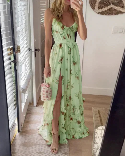 Olenna | Bloemenprint maxi-jurk – mouwloos met zijsplit, lichtgewicht en soepelvallend – tuinfeest, brunch