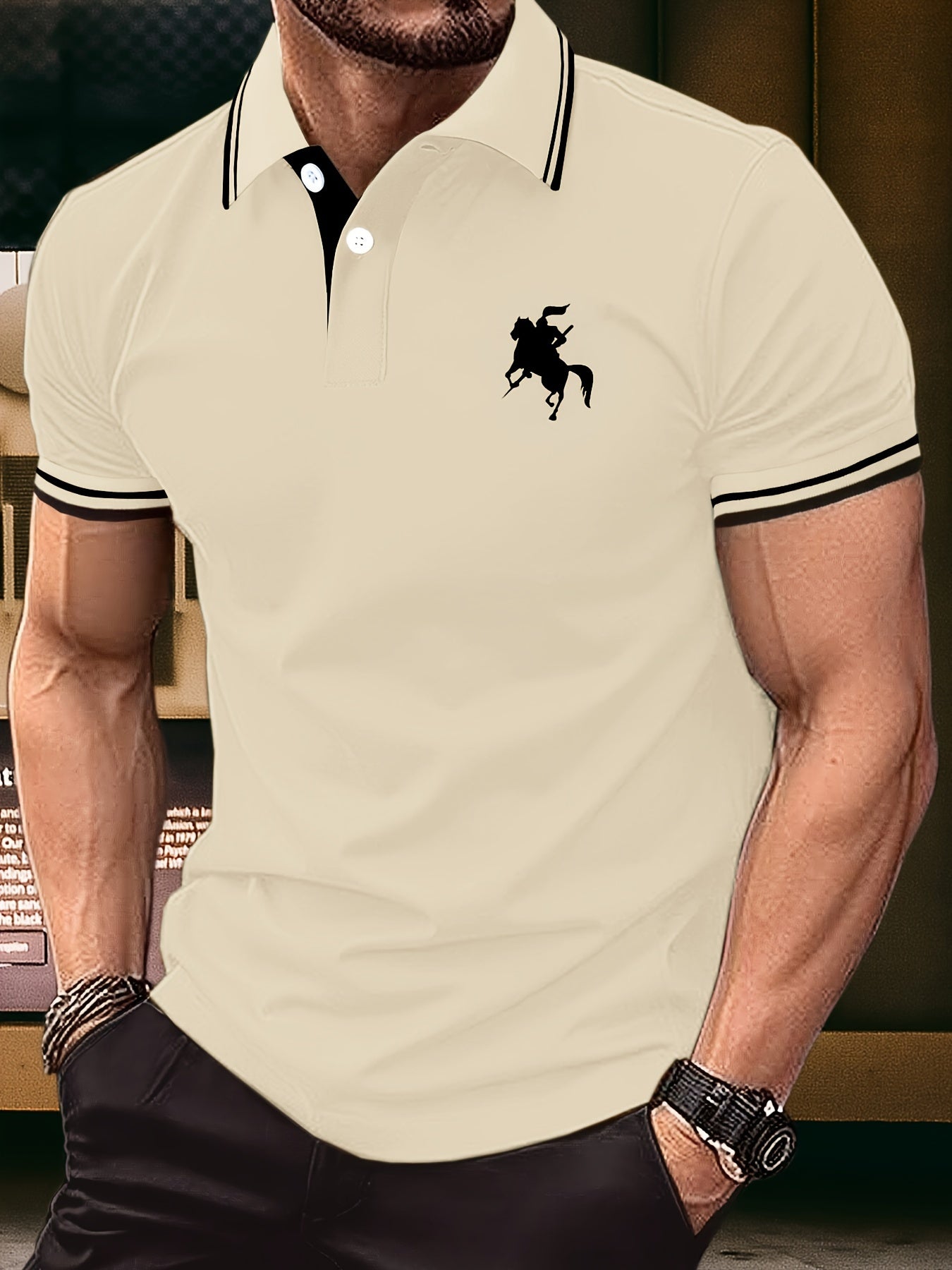 Evren | Heren paarden ridder print korte mouwen Polo Henley shirt - stijlvolle vrijetijdskleding
