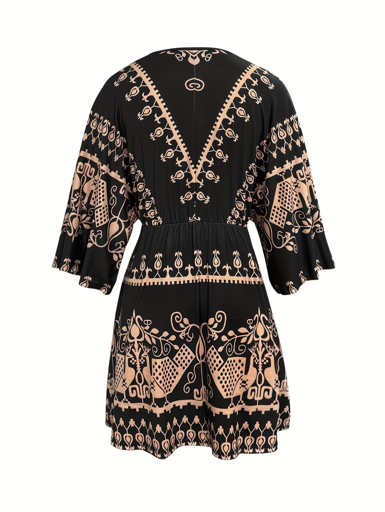 Fayola | Vintage Boho mini-jurk voor dames – V-hals, klokmouwen, tribale print, casual en vakantiekleding