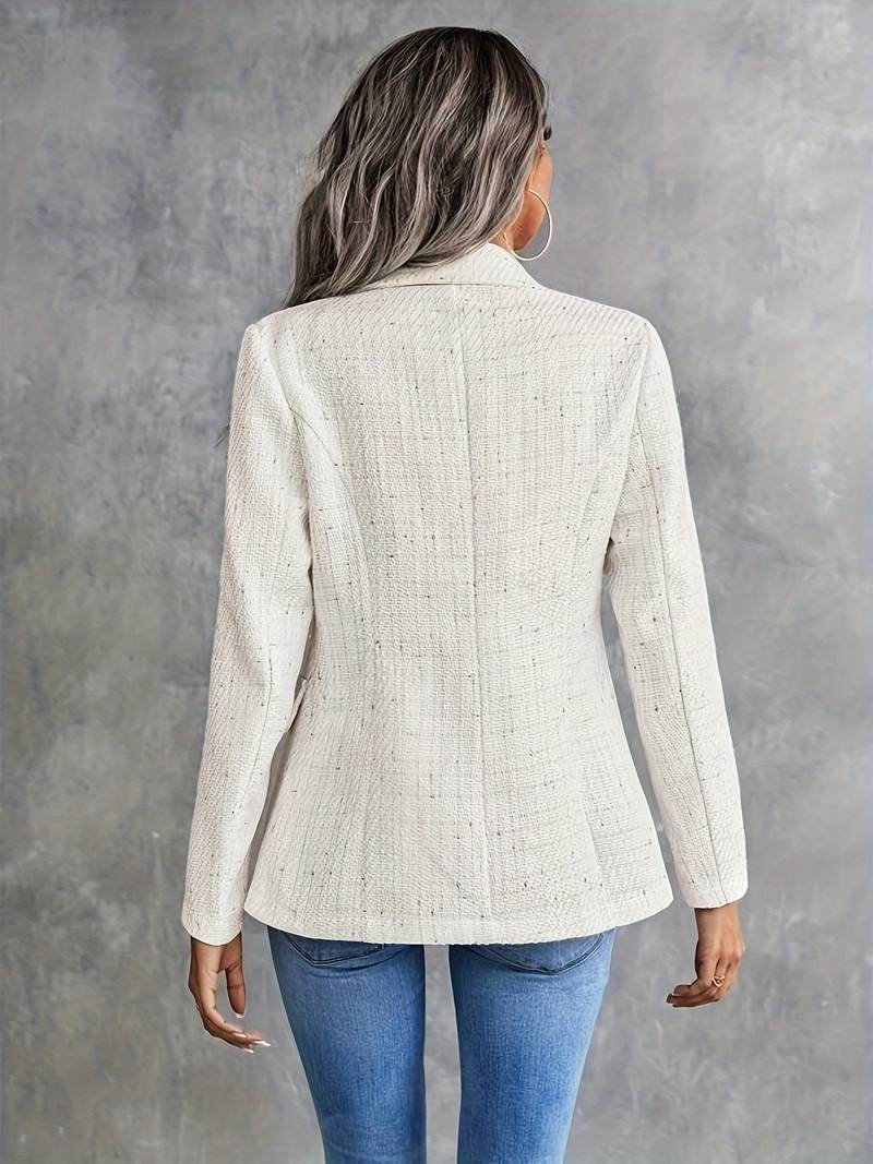 Virenelle |  Beige double-breasted blazer met textuur voor dames – gouden knopen, getailleerde pasvorm, elegante jas
