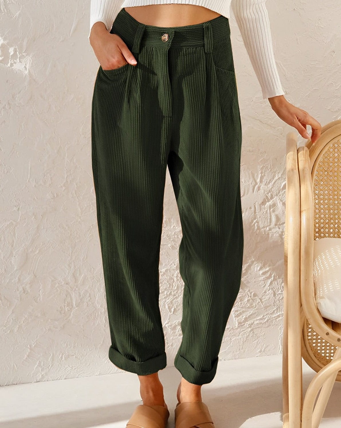 Eshara | Corduroy broek met hoge taille voor dames - Elegante enkellange broek
