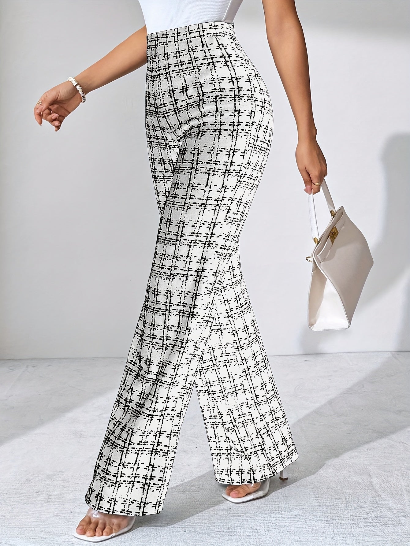 Laverna | Hoge taille geruite tweed flare broek voor dames – Rekbare casual broek met wijde pijpen