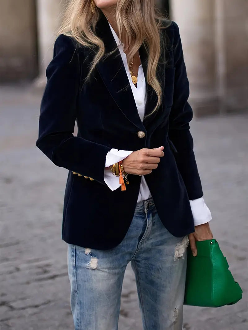 Petrina | Retro fluwelen blazer voor dames – Klassiek getailleerd jasje met gouden knopen