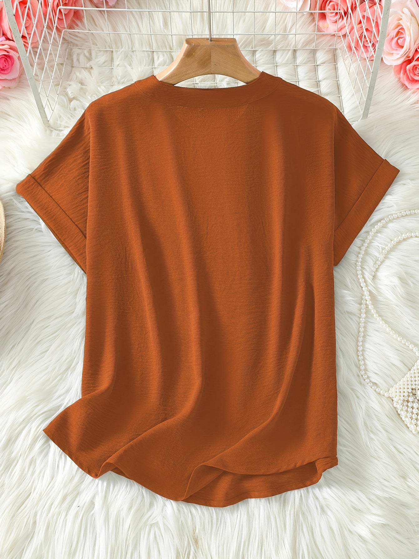 Elaria | Vrouwen V-Hals Blouse - Effen Kleur Losjes-Fit Korte Mouw Top