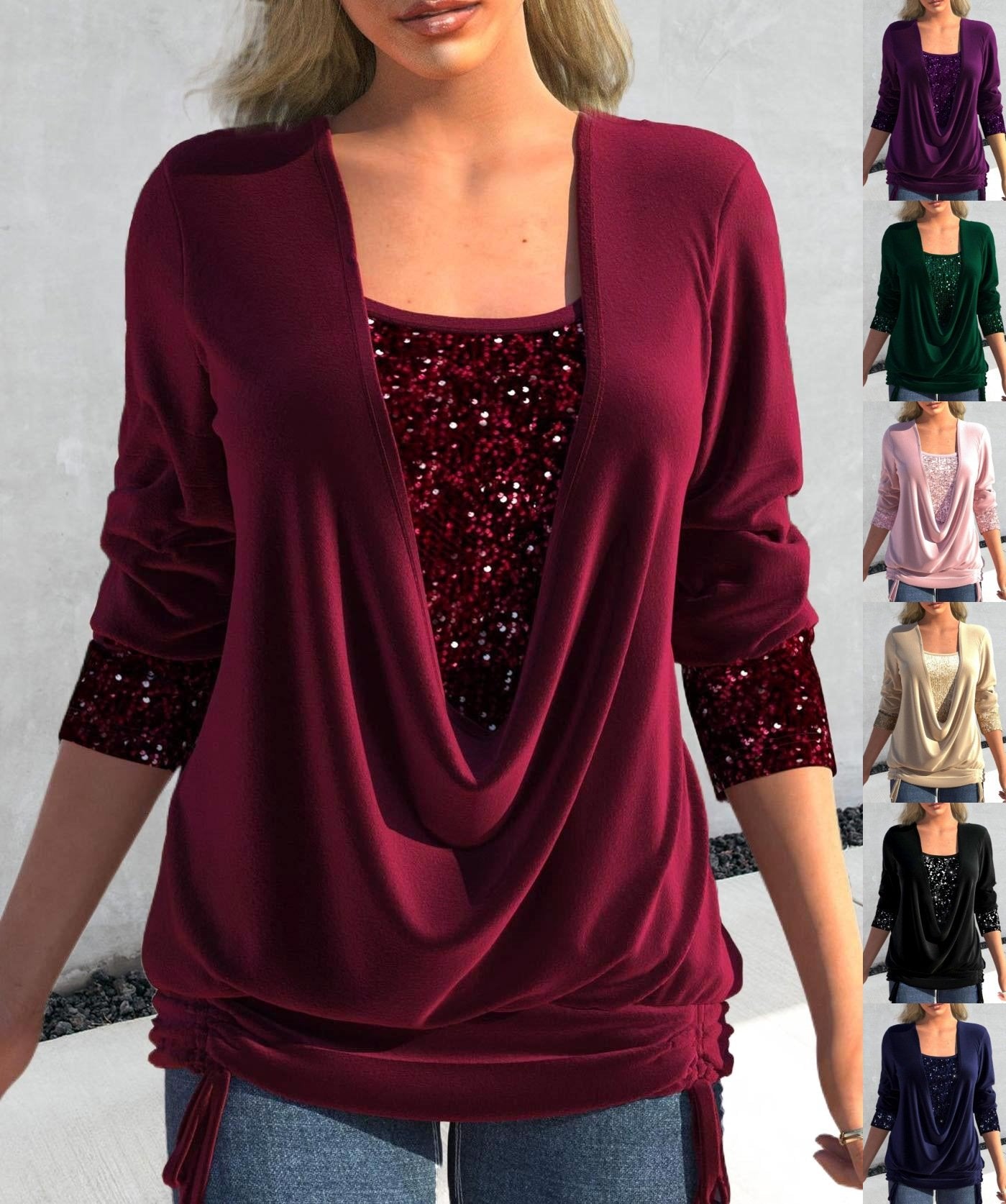 Cevania | Damesblouse met lovertjes en glitter - Feestelijke top, feestelijk shirt met lange mouwen