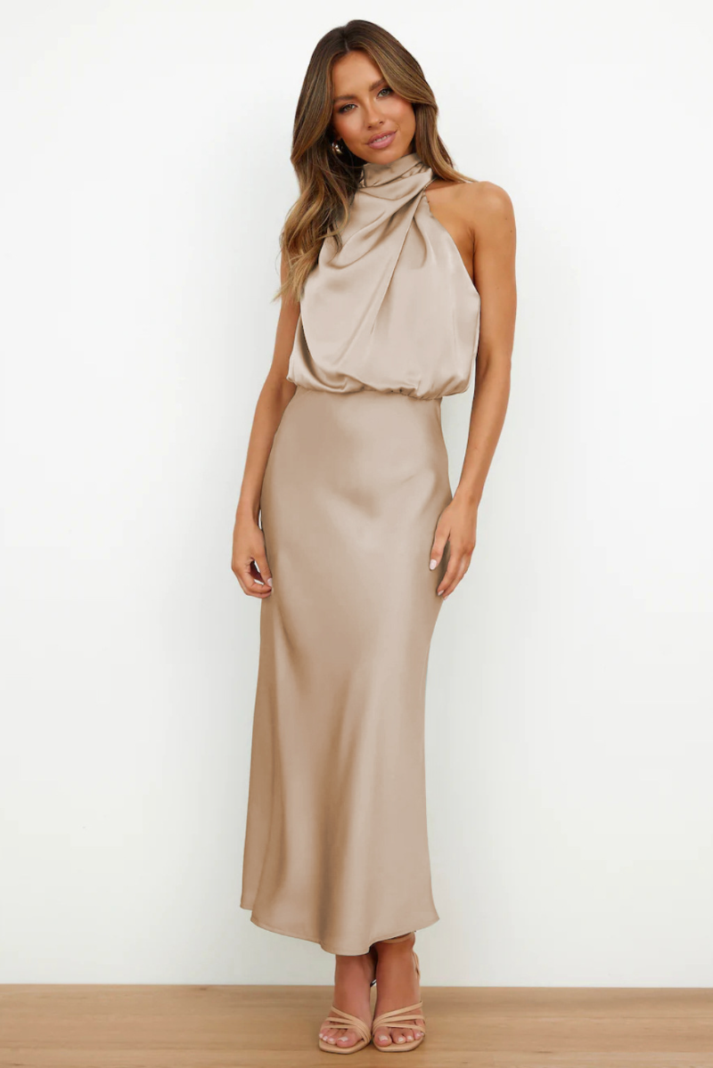 Melva | Elegante Satijnen Midi Jurk met Halter Hals - Perfect voor Lente & Zomer Evenementen