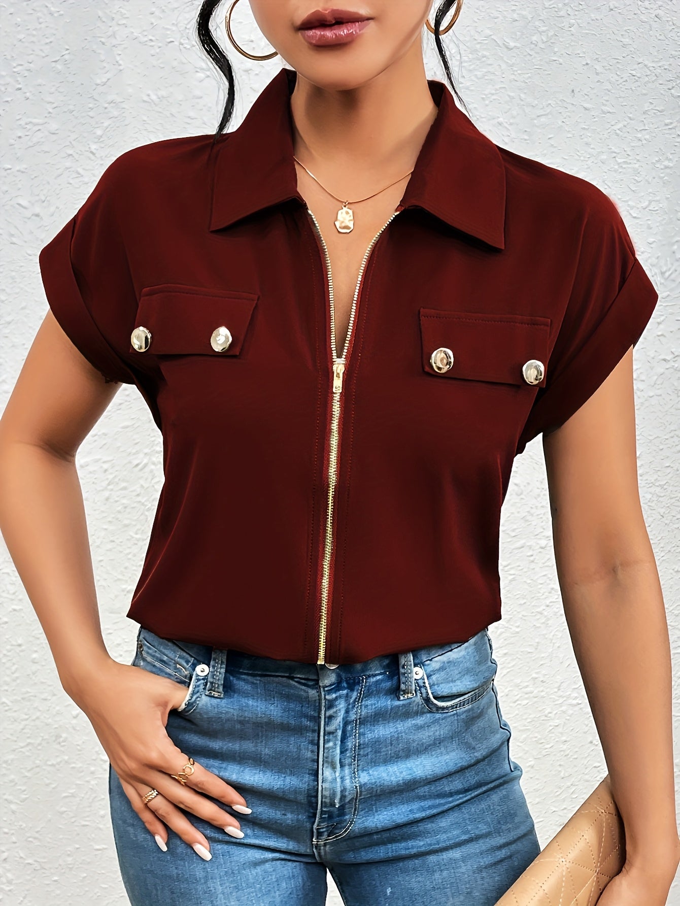 Vedis | Elegante Blouse met Ritssluiting voor Vrouwen - Chic Korte Mouw Top met Reverskraag