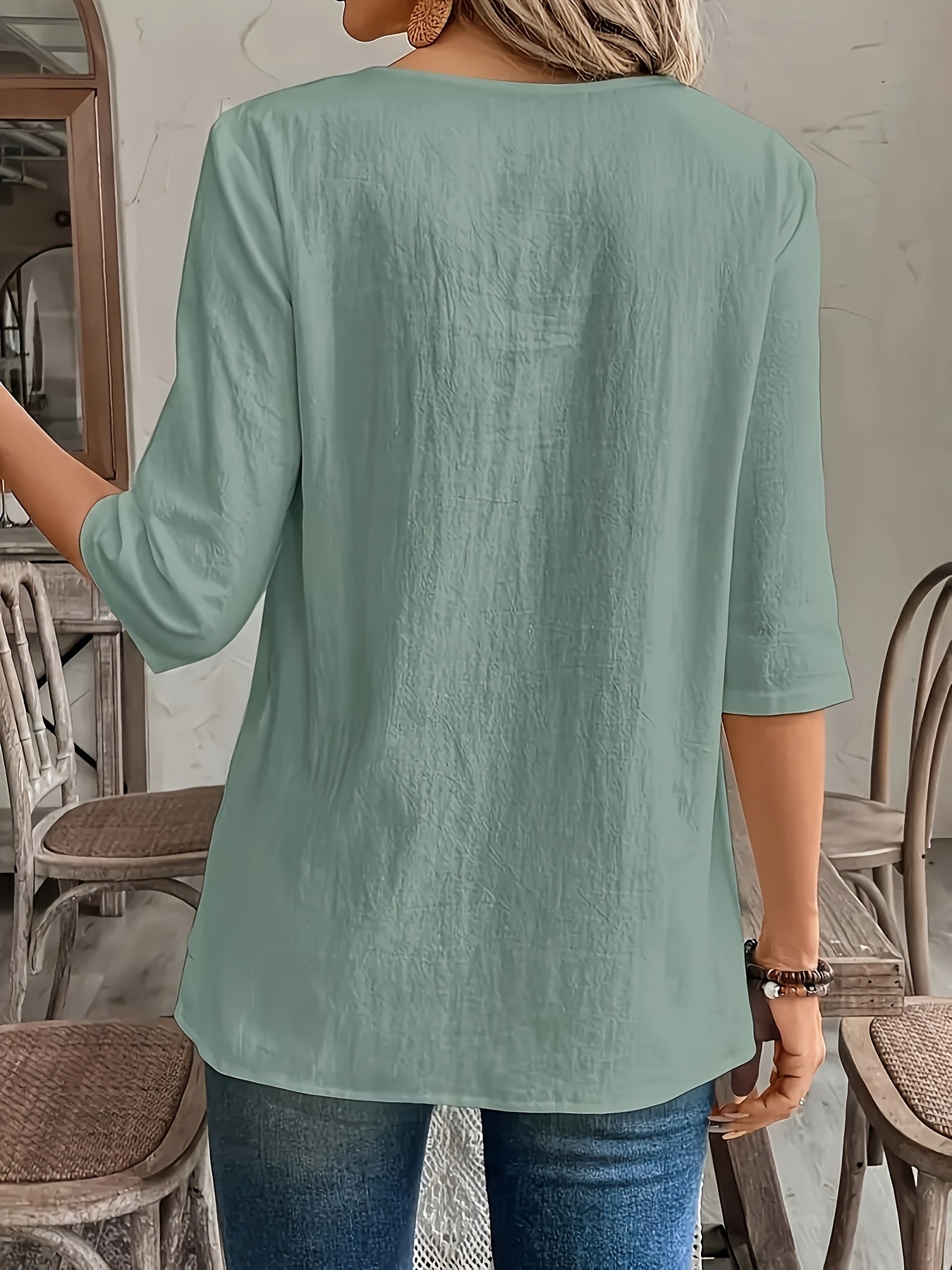 Ferene | Casual dameshemd met ronde hals en patchwork zoom, 3/4 mouwen