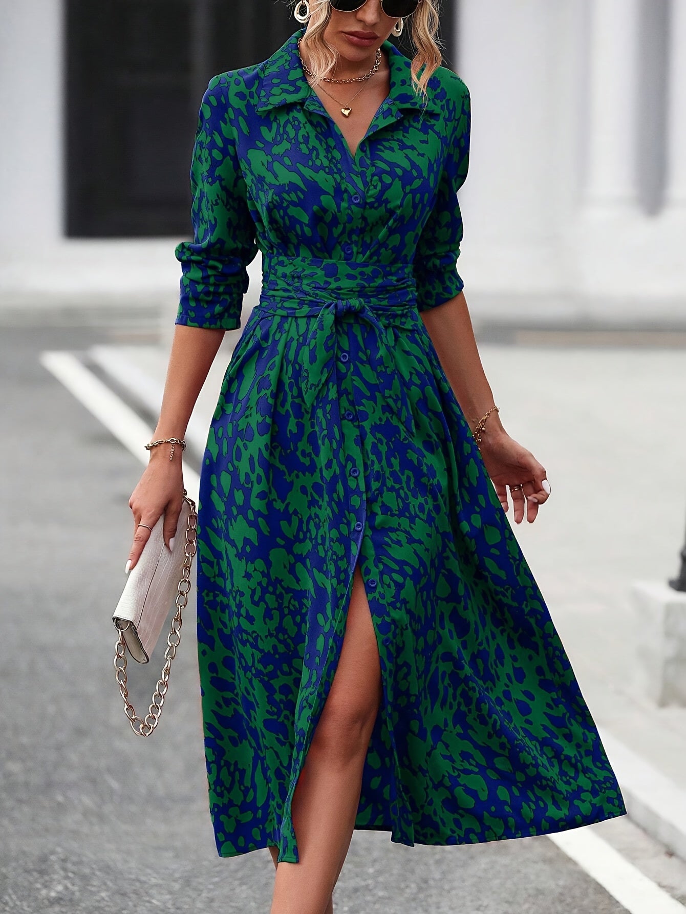 Solvita | Elegante overhemdjurk met geometrische print - Midi tuniek met tailleband