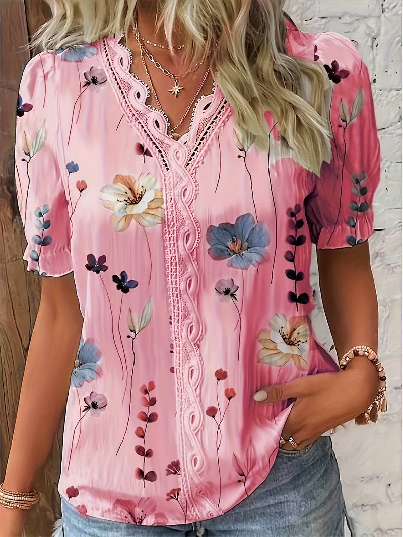 Jonida | Damesbloemenblouse met V-hals en kant - Casual top met korte mouwen