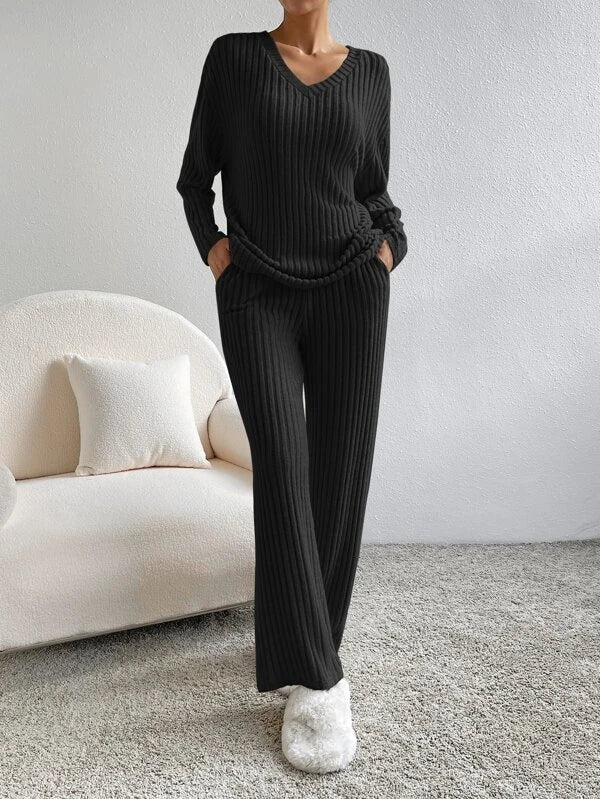 Loraina | Dames V-hals trui & broek loungewear set – Comfortabele gebreide 2-delige outfit
