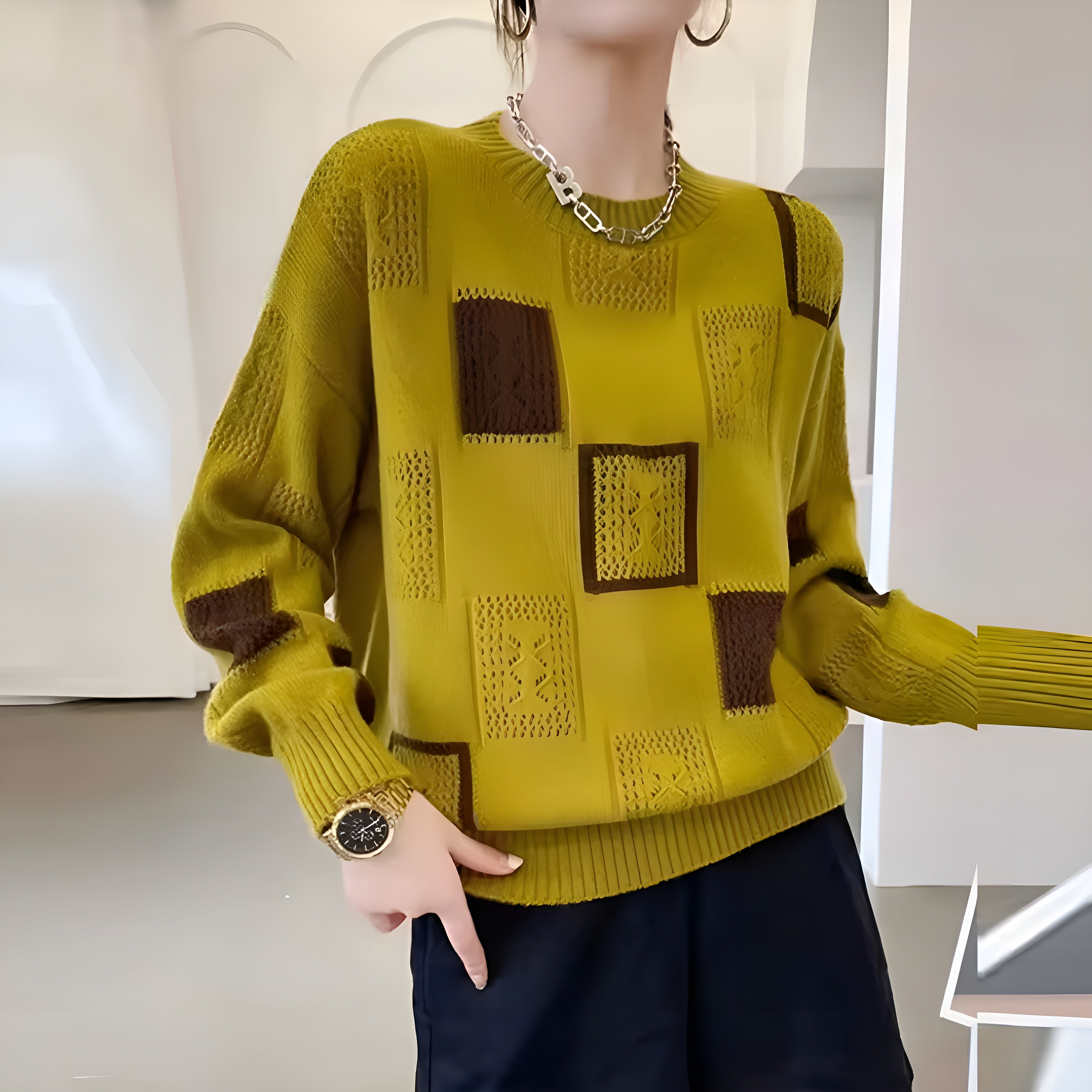 Roxana | Luxe patchwork trui voor dames – zachte, stijlvolle gebreide pullover, casual en elegant