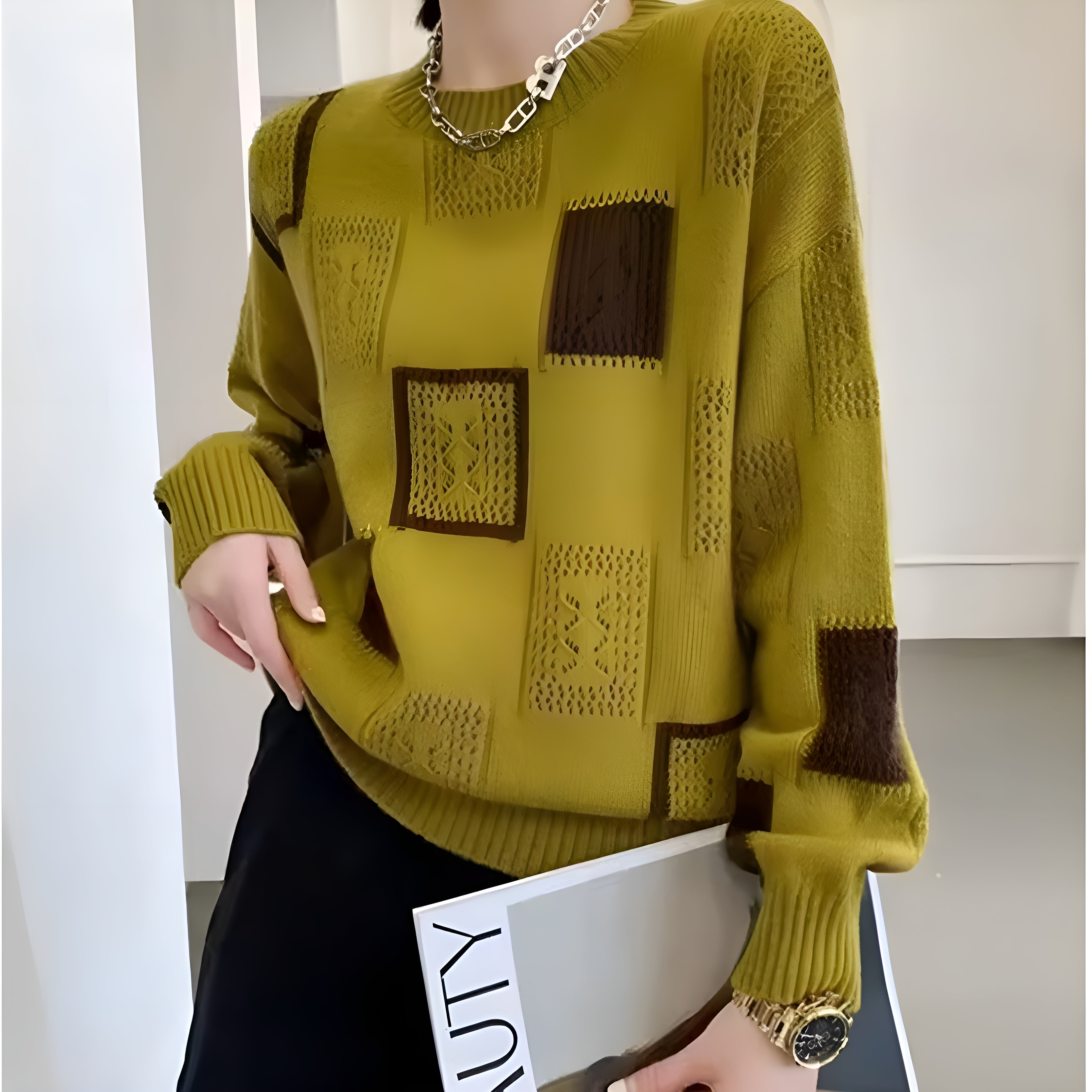 Roxana | Luxe patchwork trui voor dames – zachte, stijlvolle gebreide pullover, casual en elegant