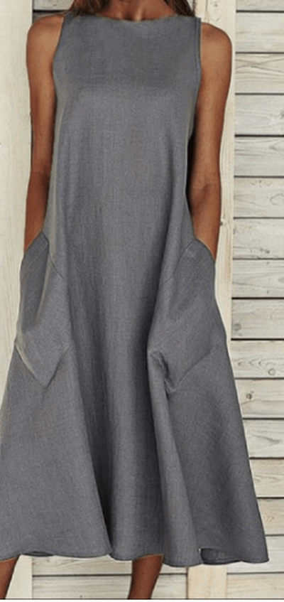 Vionna | Elegante Mouwloze Katoenen Midi Jurk met Zakken - A-Line Fit, Casual Zomerjurk
