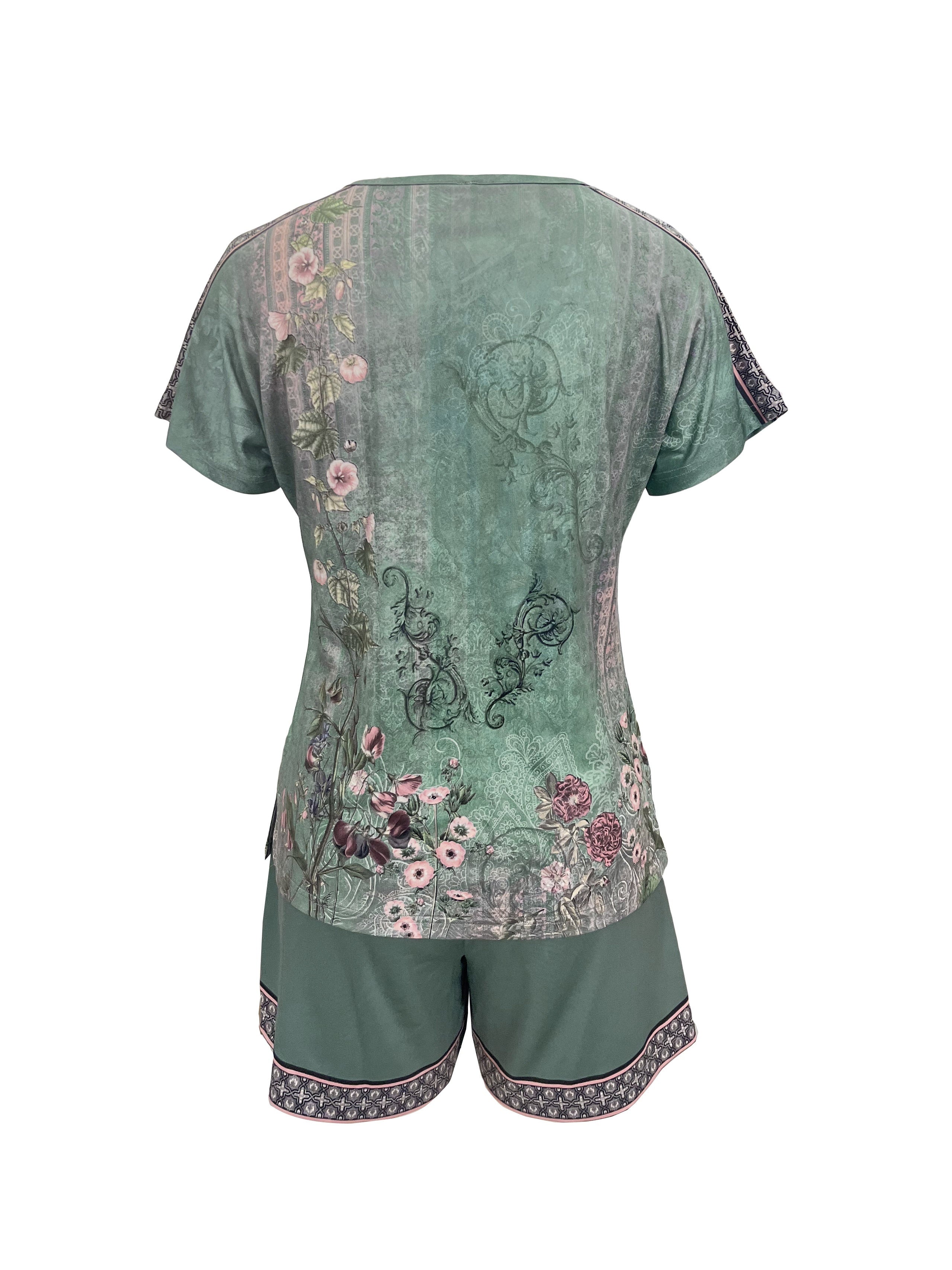 Oriana | V-neck Bohemian Floral Print Top & Drawstring Shorts 2-Piece Set for Women – Casual Retro Outfit