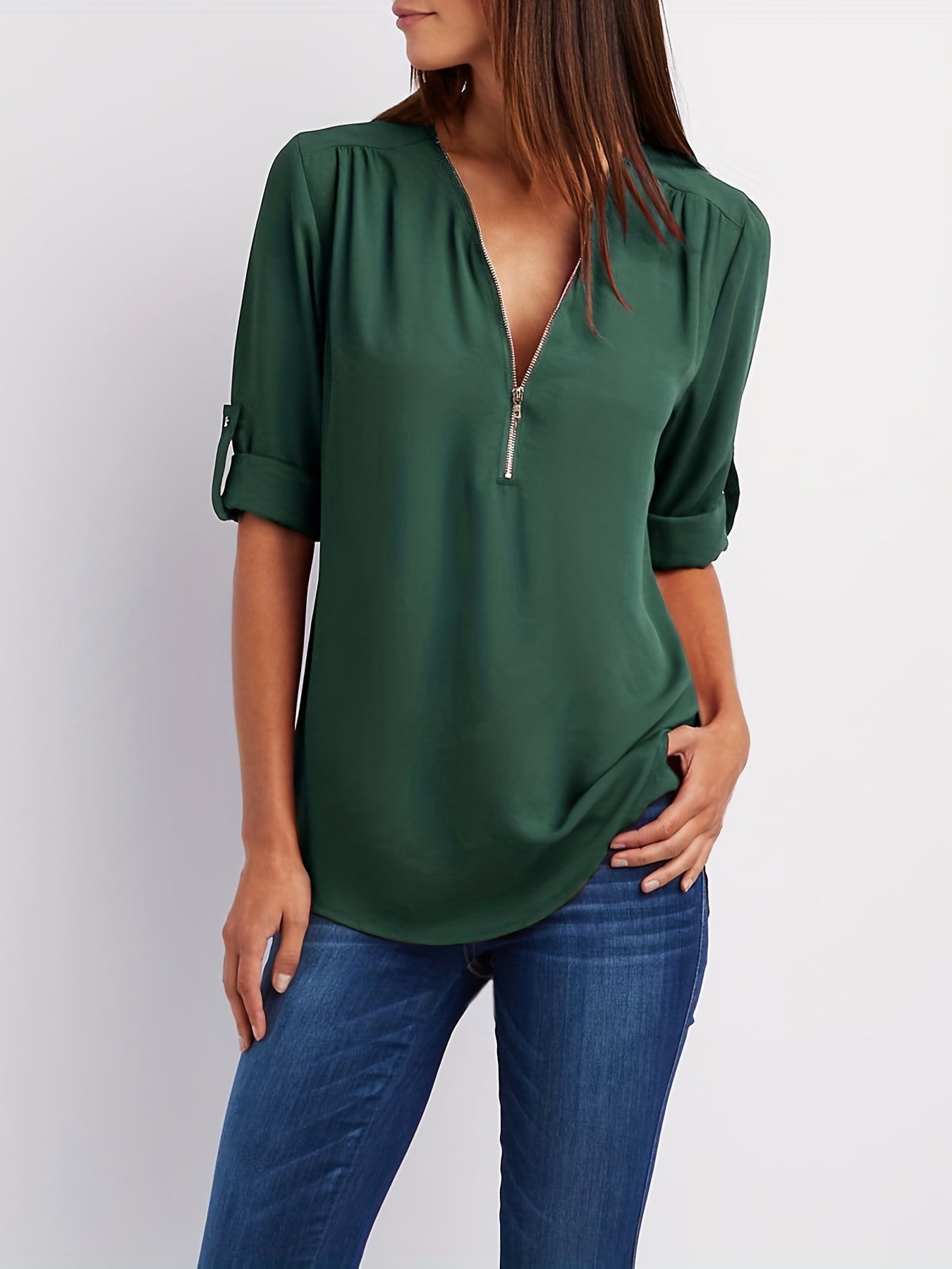 Veridiana | Damesblouse met V-hals en halve rits - Casual mouwen met gerimpelde mouwen, elegant en ademend