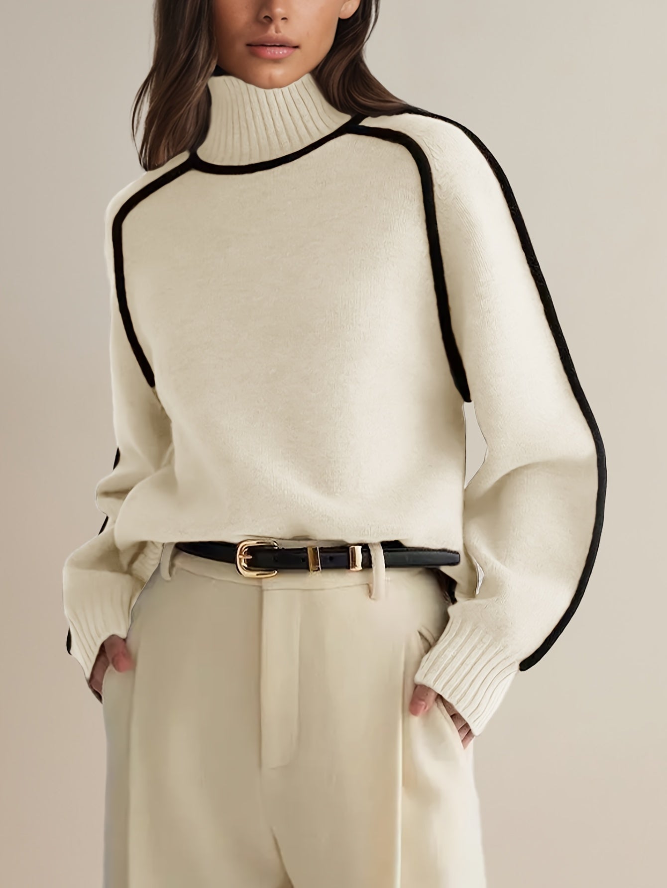 Cecilia | Hoge hals trui voor dames – Contrasterende rand, effen kleur, warme wintertrui