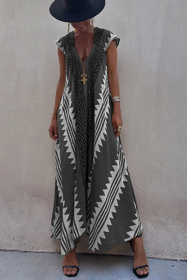 Valindrae | Boho geometrische print maxi-jurk zonder mouwen - Vloeiend, oversized, zomer strand & vrijetijdskleding