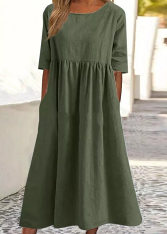 Noora | Klassieke katoen-linnen jurk met korte mouwen en zakken - Zomer Casual Midi