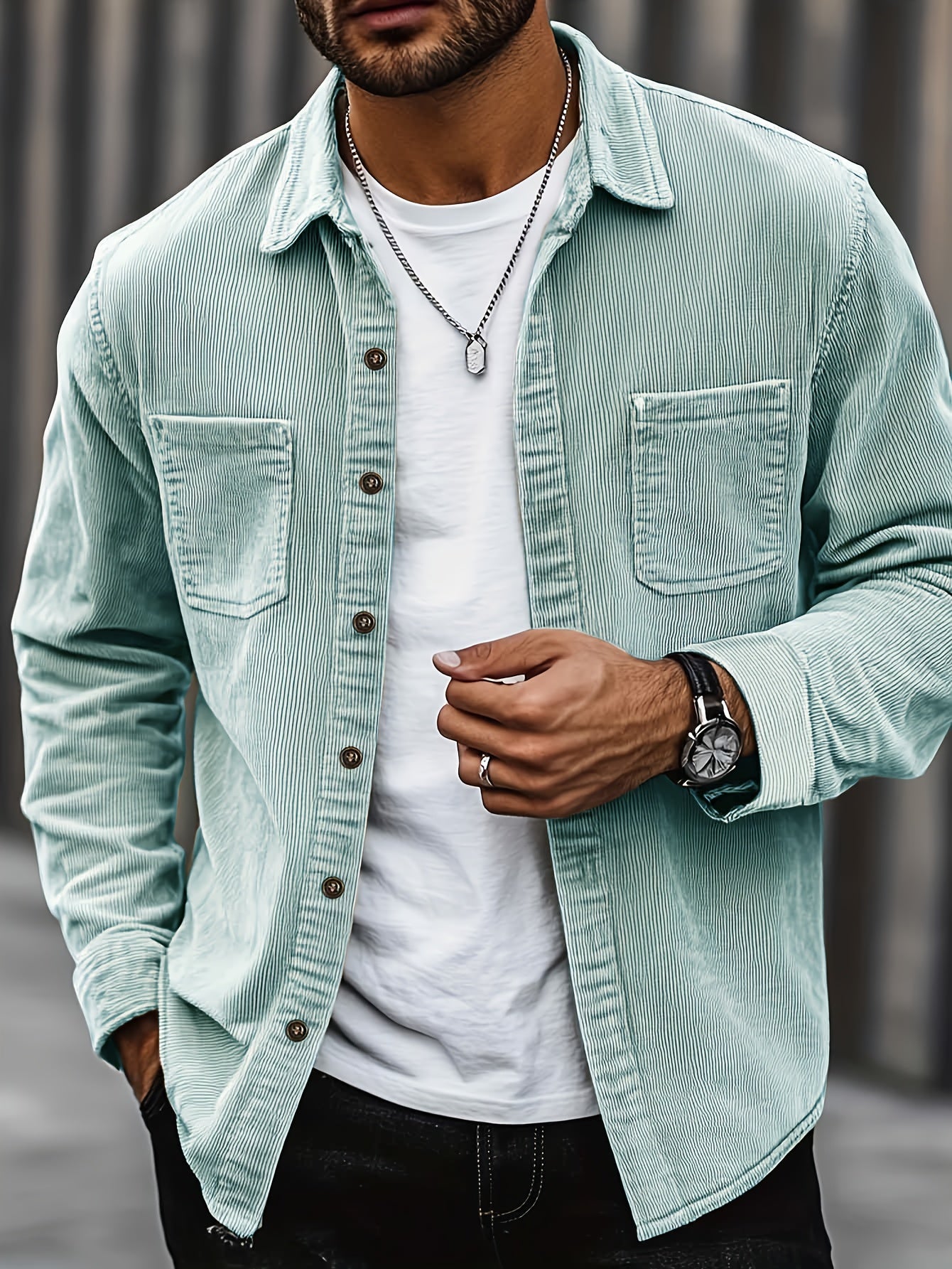 Niklaus | Corduroy overhemdjas voor heren – Casual overhemd met knopen, dubbele borstzakken