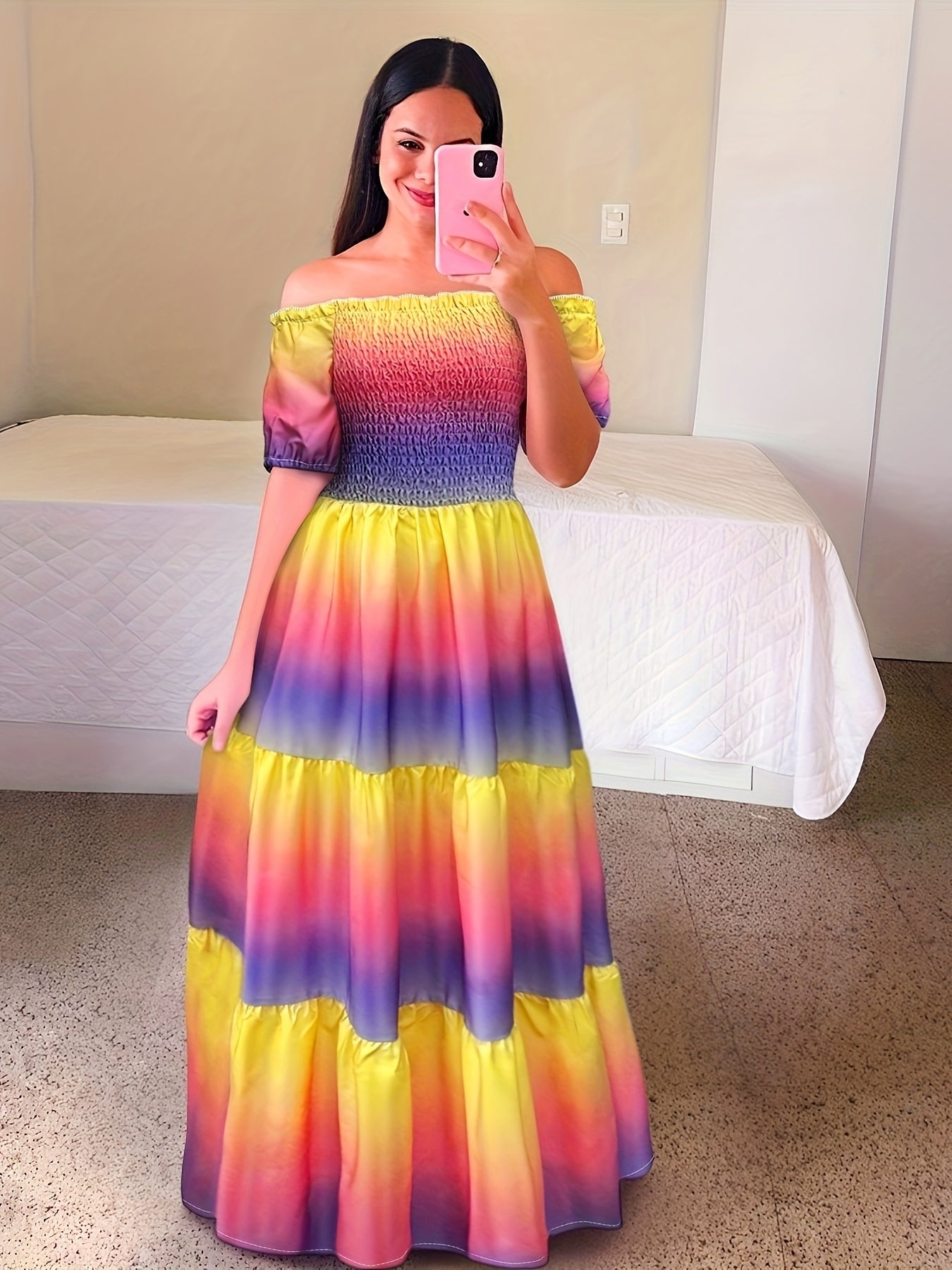 Kasia | Gradiënt print tiered maxi jurk - Casual off- schouder feestjurk voor vrouwen