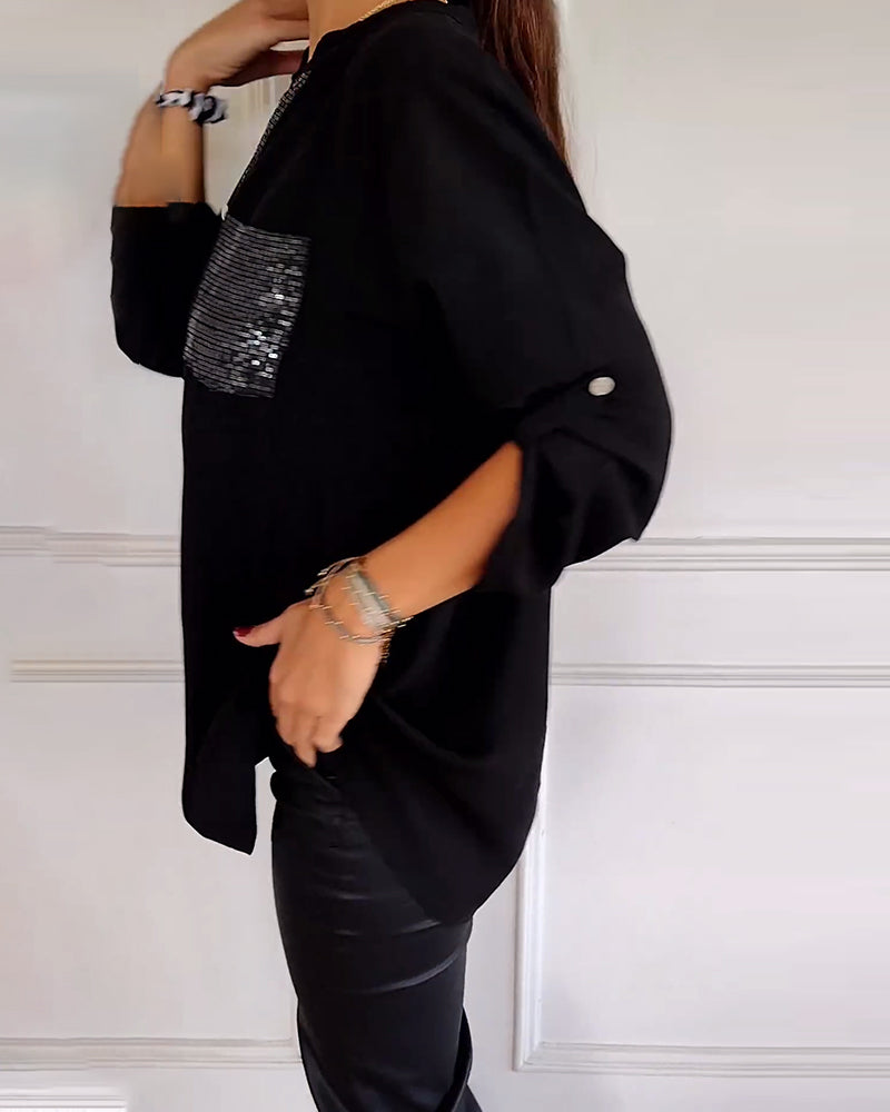 Stella | Elegante Pailletten Blouse - Casual Knoopsluiting Top met Verstelbare Manchetten