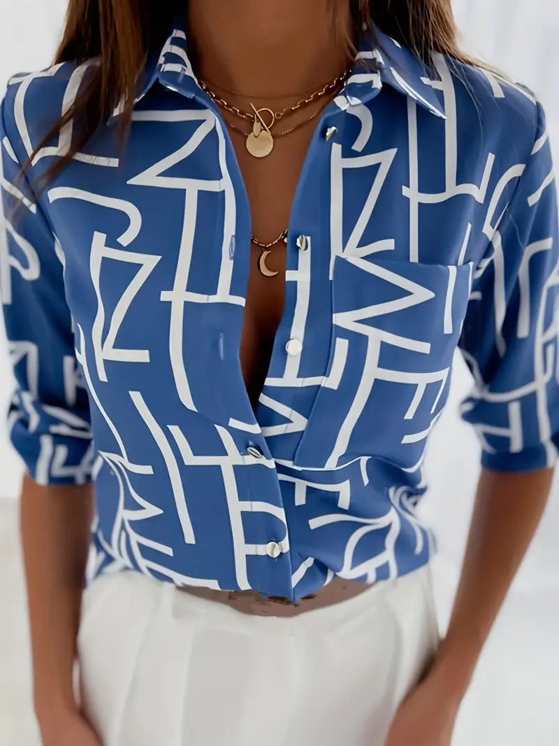 Perrine | Vrouwen Stijlvolle Gedrukte Button-Down V-Hals Blouse - Lange Mouwen, Casual Lente Top