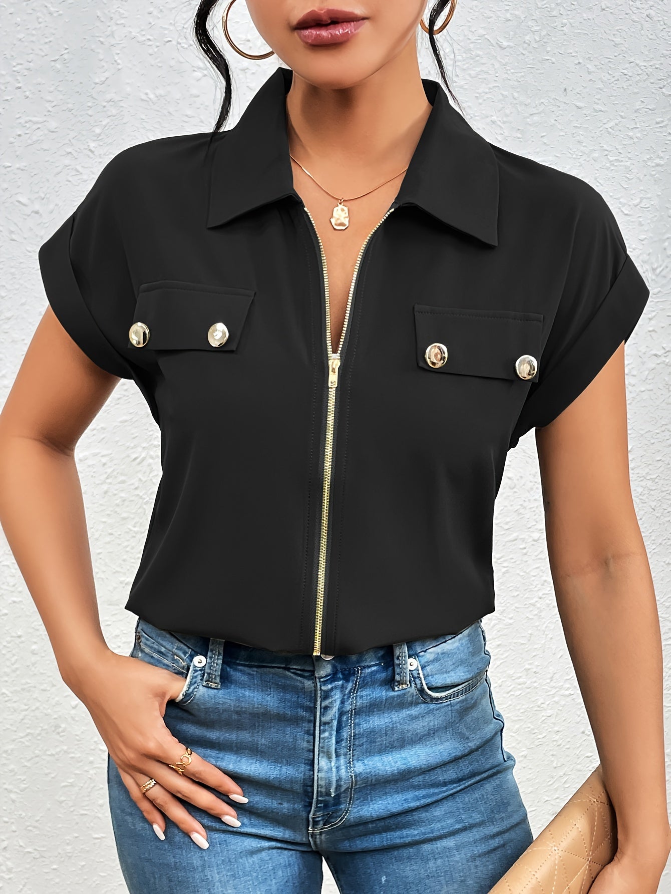 Vedis | Elegante Blouse met Ritssluiting voor Vrouwen - Chic Korte Mouw Top met Reverskraag
