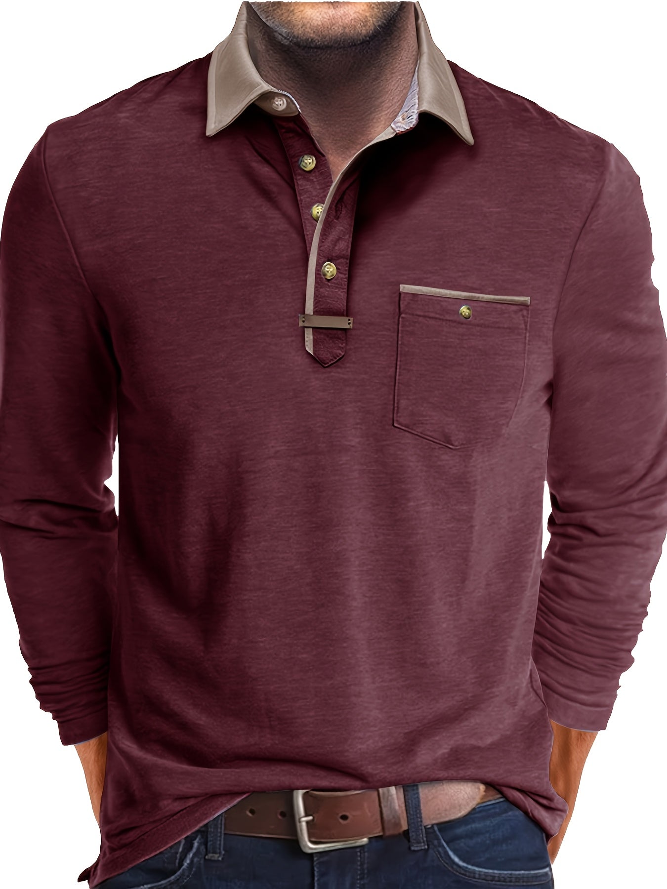 Paulo | Herenpolo met lange mouwen – Casual Henley met kleurblok kraag en borstzak