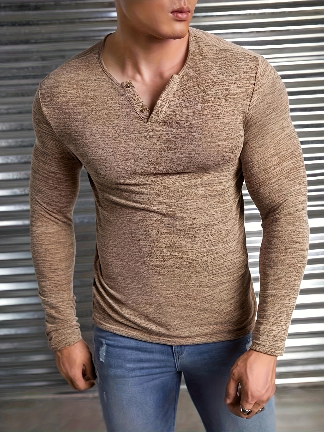 Enzio | Heren Vintage lange mouwen T-shirt met V-hals - Slim Fit, Casual & Sportkleding