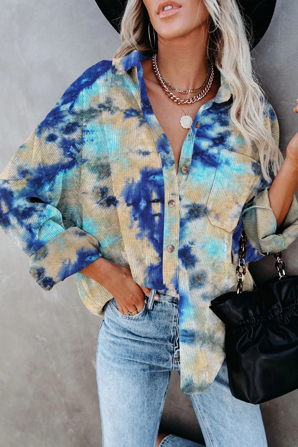 Delyra | Damesshirt in corduroy met tie-dye - Oversized, Lange mouwen, Knoopsluiting - casual top