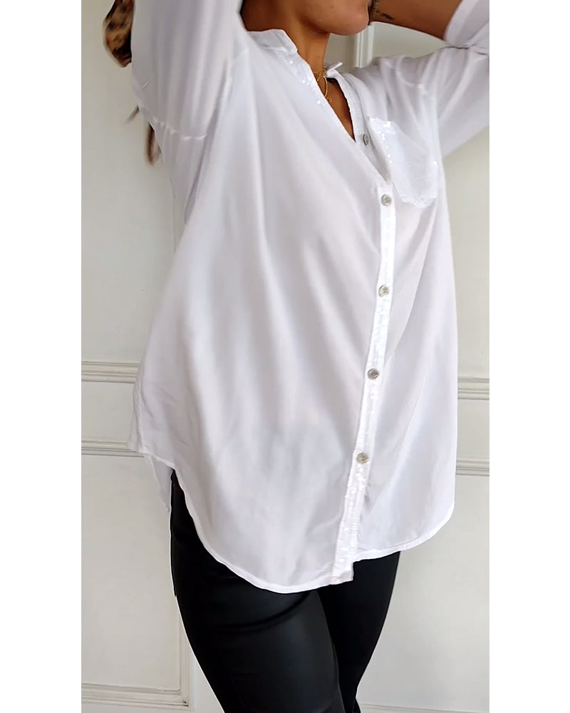 Stella | Elegante Pailletten Blouse - Casual Knoopsluiting Top met Verstelbare Manchetten