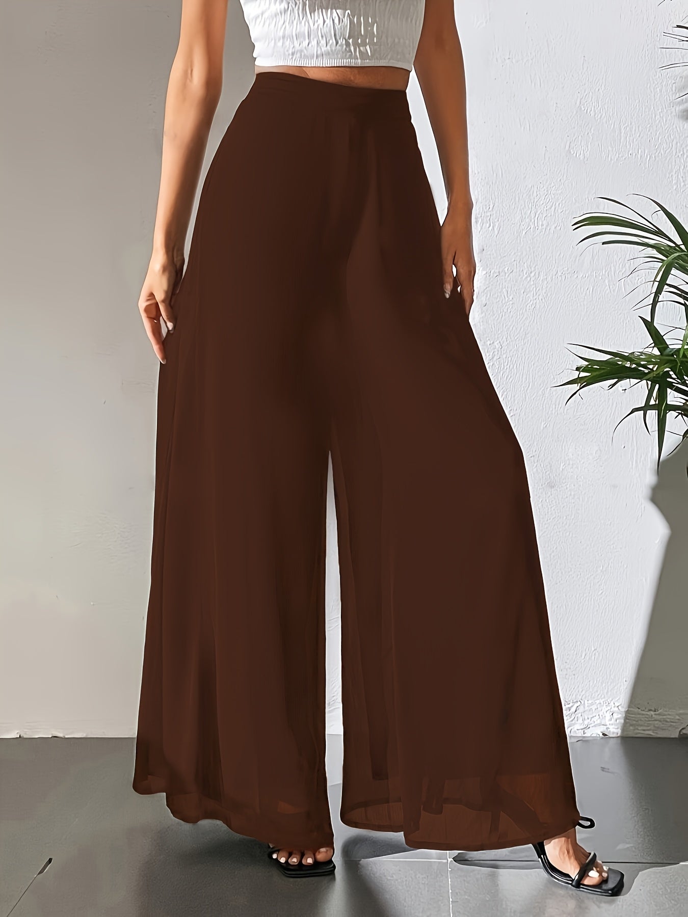 Maurelle | Hoge taille chiffon broek met wijde pijpen voor dames – Uitlopend, transparante mesh overlay