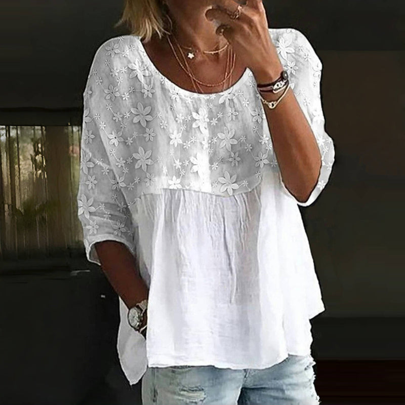 Ursuline | Geborduurde Witte Bloes - Relaxed Fit, Halve Mouwen, Lichtgewicht Katoenen Top