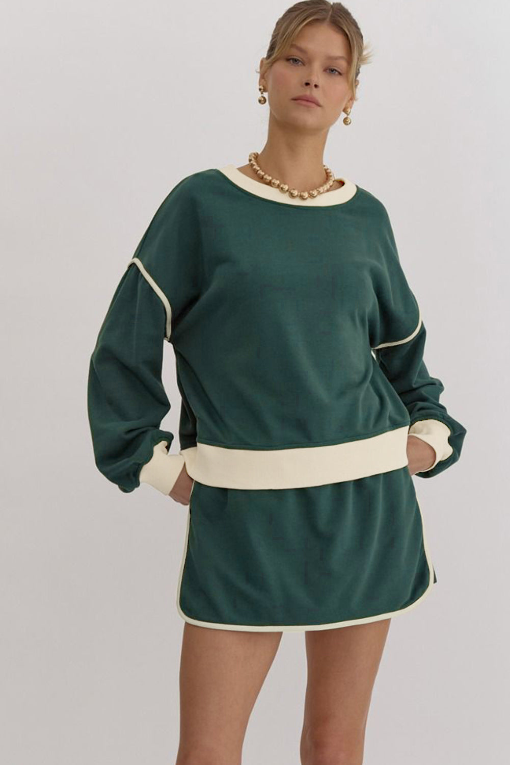 Ylfa | Klassieke kleurcontrast trui & rok-short set voor dames - stijlvolle loszittende set met lace-up taille