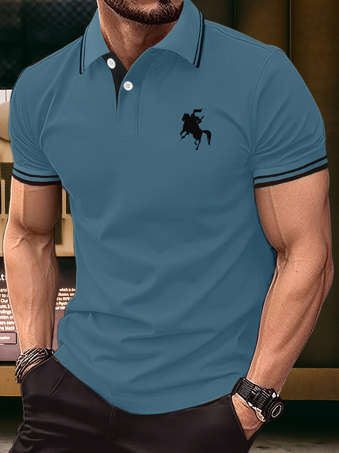 Evren | Heren paarden ridder print korte mouwen Polo Henley shirt - stijlvolle vrijetijdskleding