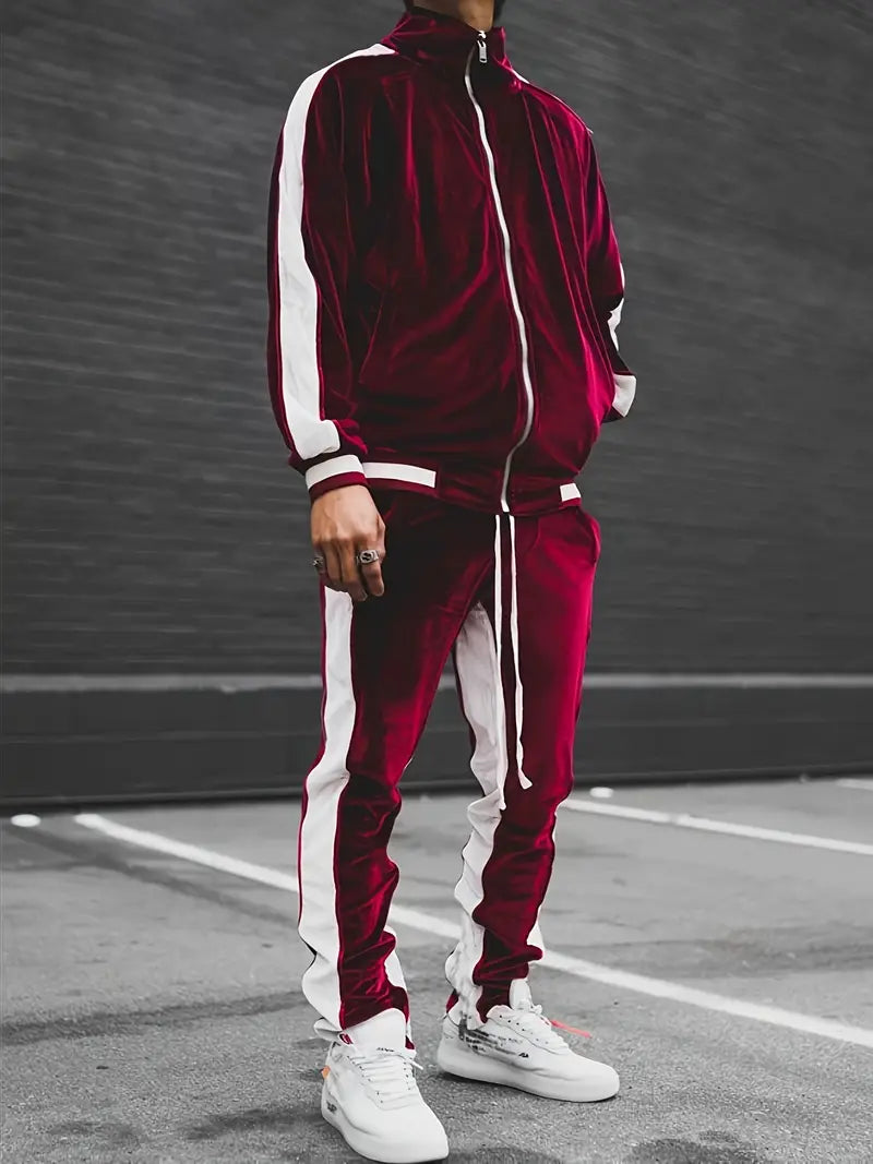 Klaudio | Men’s Velvet Tracksuit 2-Piece Set – Zipper Hoodie & Drawstring Pants, Lounge, Sports, Casual Wear