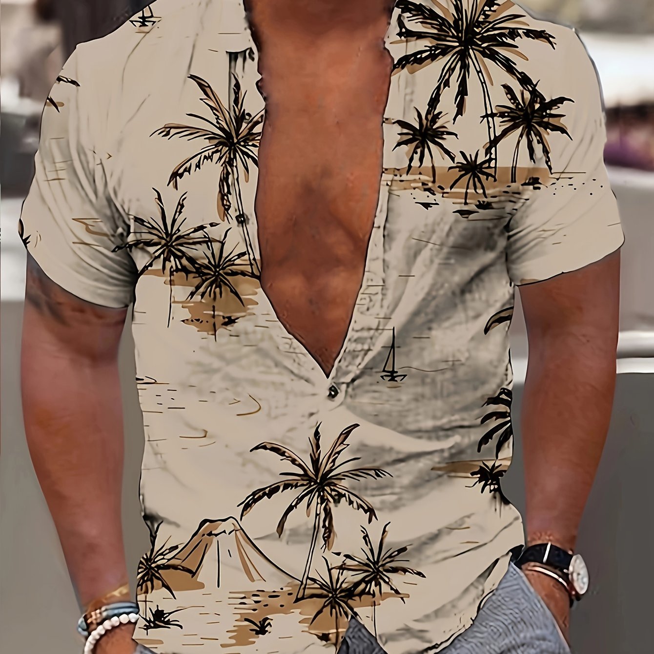 Kurt | Heren Hawaii Overhemd - Kokosnoot Boom Print, Korte Mouw, Casual Zomer Overhemd
