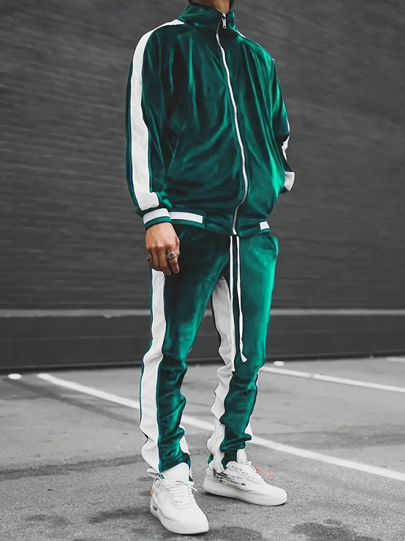 Klaudio | Men’s Velvet Tracksuit 2-Piece Set – Zipper Hoodie & Drawstring Pants, Lounge, Sports, Casual Wear