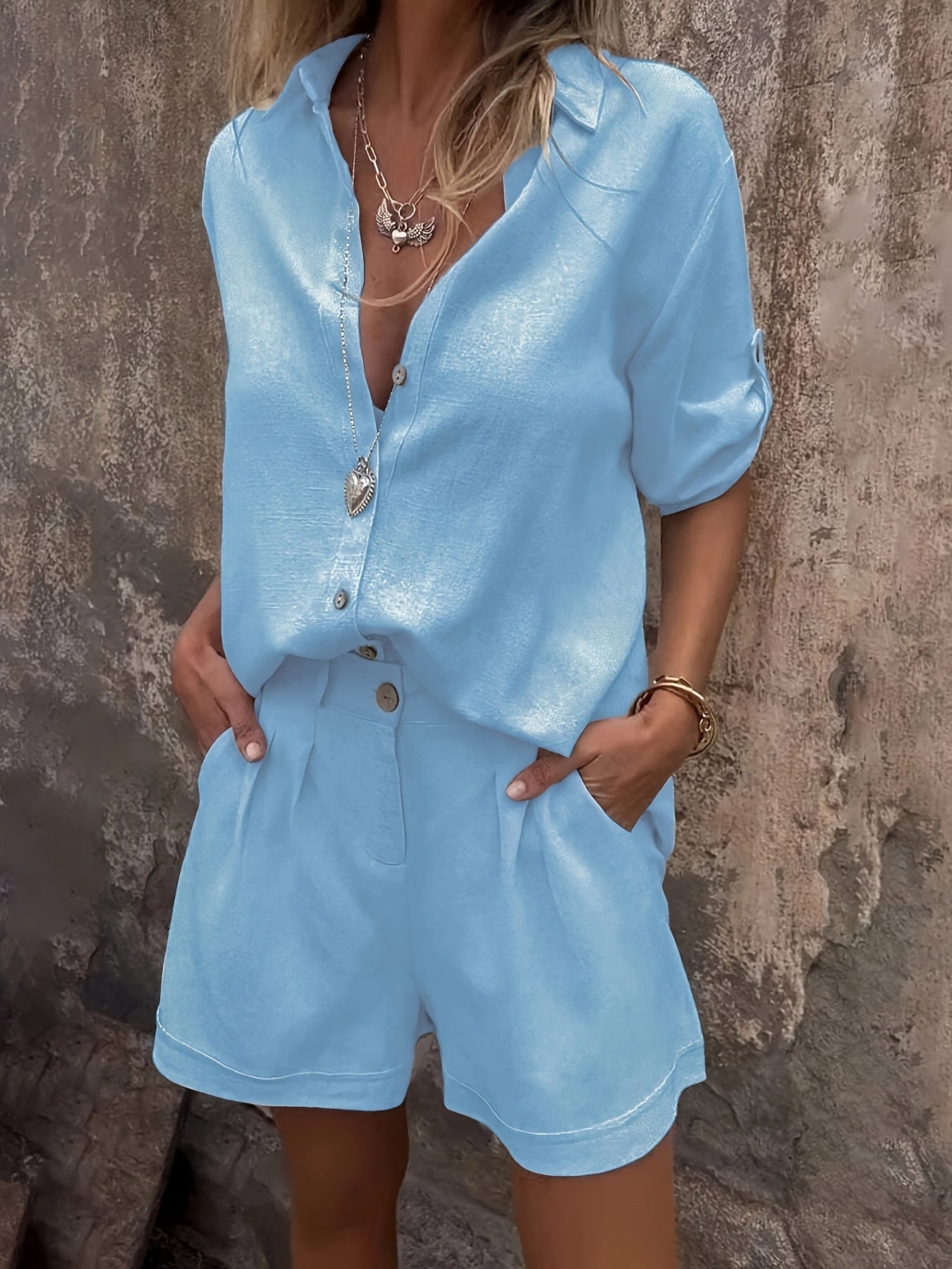 Elasha | Linnen tweedelige set voor dames - oversized overhemd met knoopsluiting & shorts