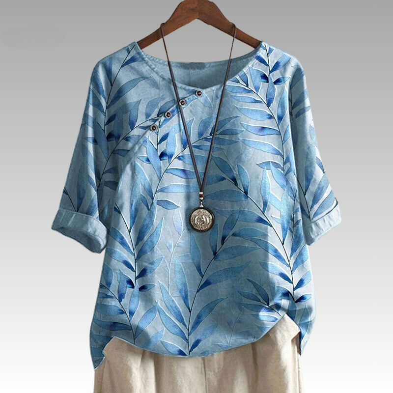 Esmeralda | Blouse met bladerenprint en 1/4 mouw met knoopaccenten voor dames - Casual op de natuur geïnspireerd overhemd