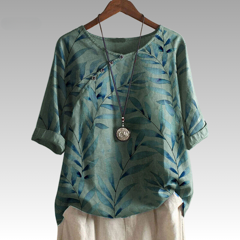 Esmeralda | Blouse met bladerenprint en 1/4 mouw met knoopaccenten voor dames - Casual op de natuur geïnspireerd overhemd
