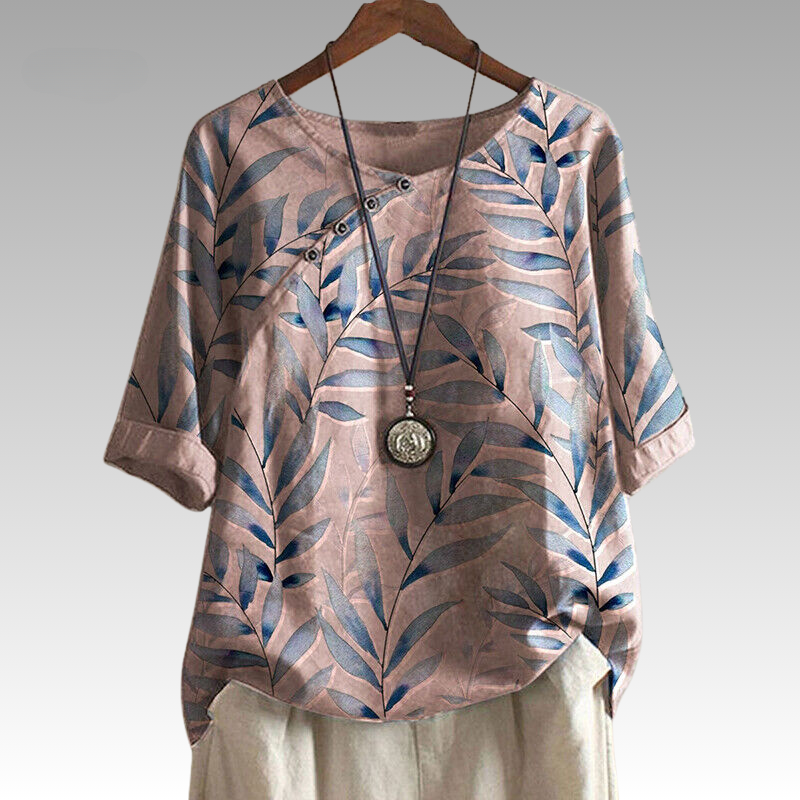 Esmeralda | Blouse met bladerenprint en 1/4 mouw met knoopaccenten voor dames - Casual op de natuur geïnspireerd overhemd