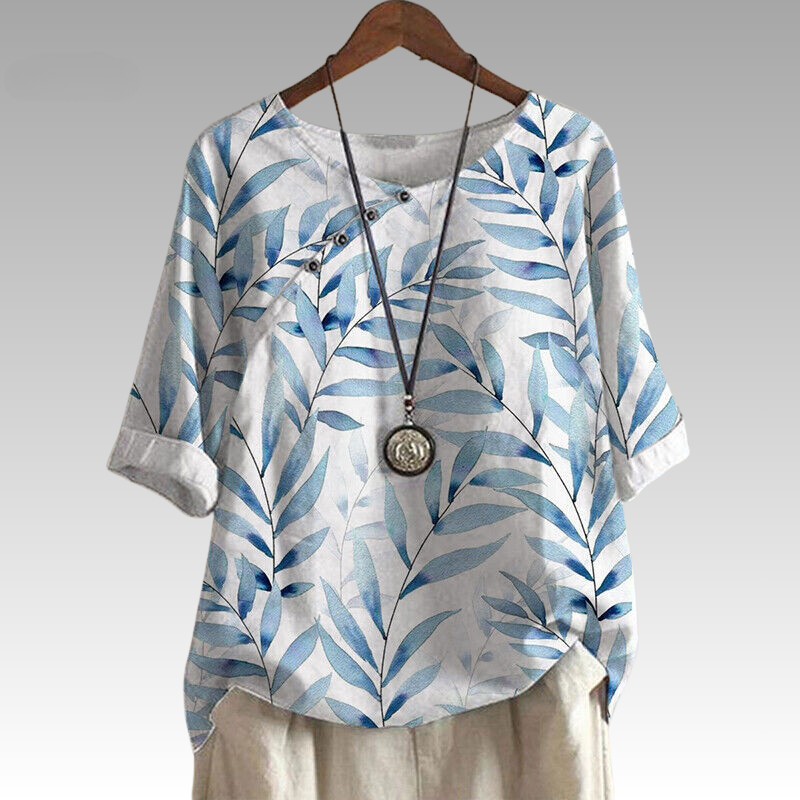 Esmeralda | Blouse met bladerenprint en 1/4 mouw met knoopaccenten voor dames - Casual op de natuur geïnspireerd overhemd