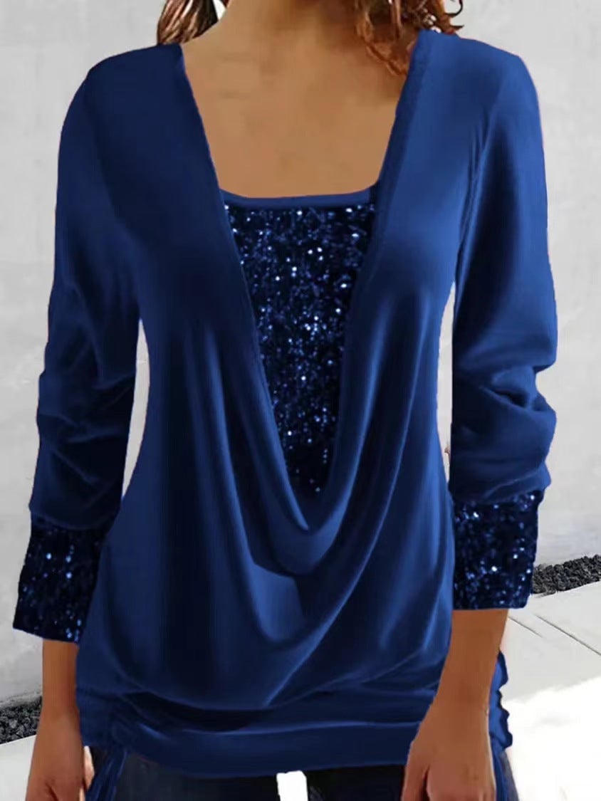 Cevania | Damesblouse met lovertjes en glitter - Feestelijke top, feestelijk shirt met lange mouwen