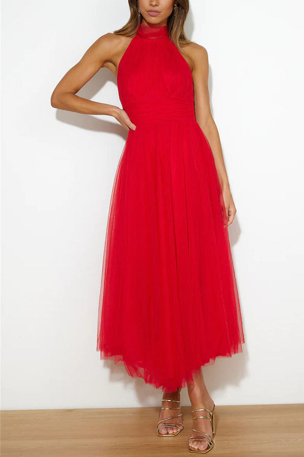 Bellina | Elegante Lange Jurk met Halterhals - Mesh Stof