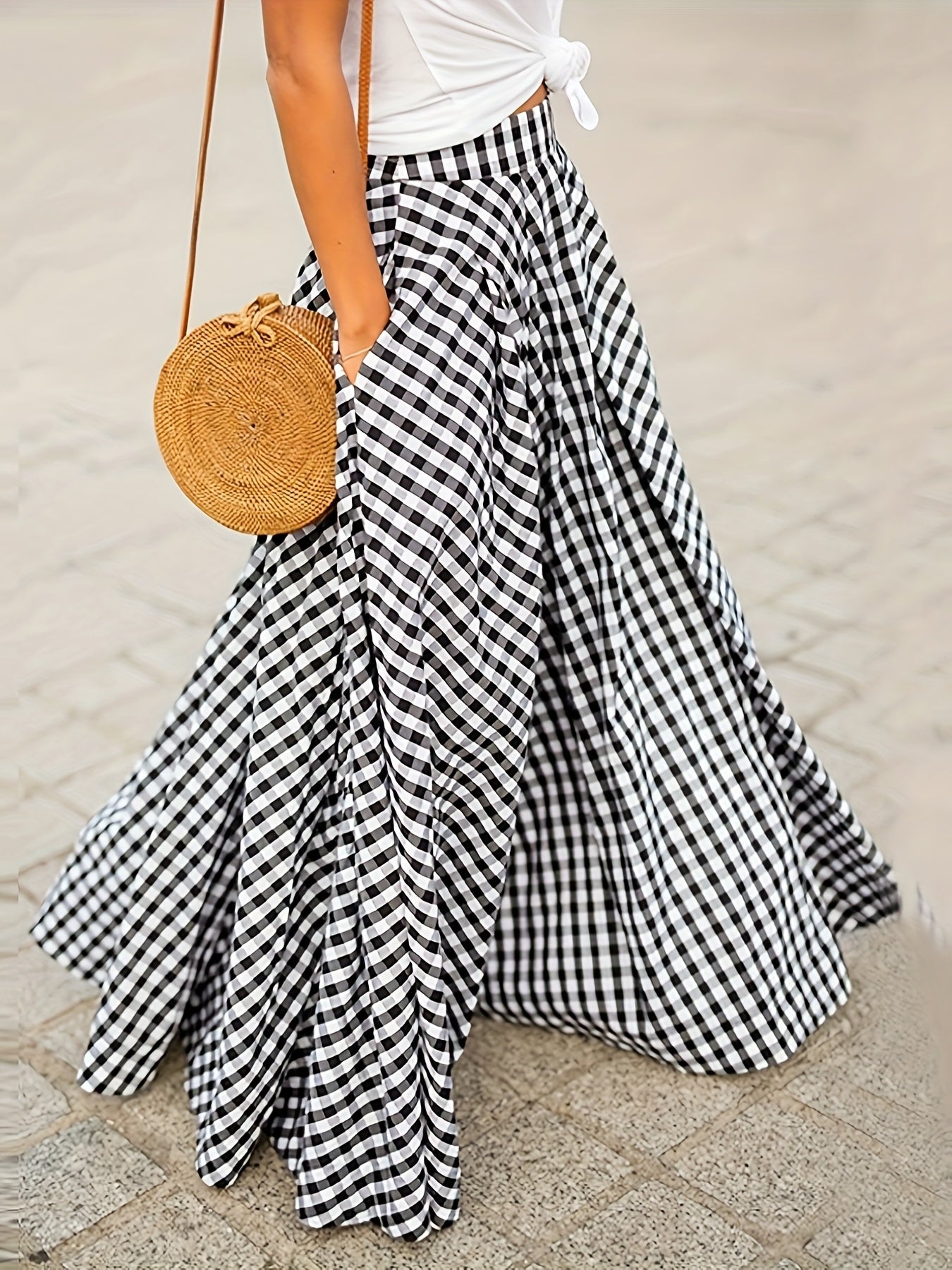 Mirthea | Gingham midirok voor dames - hoge taille, vloeiende A-lijn, elegant en lichtgewicht